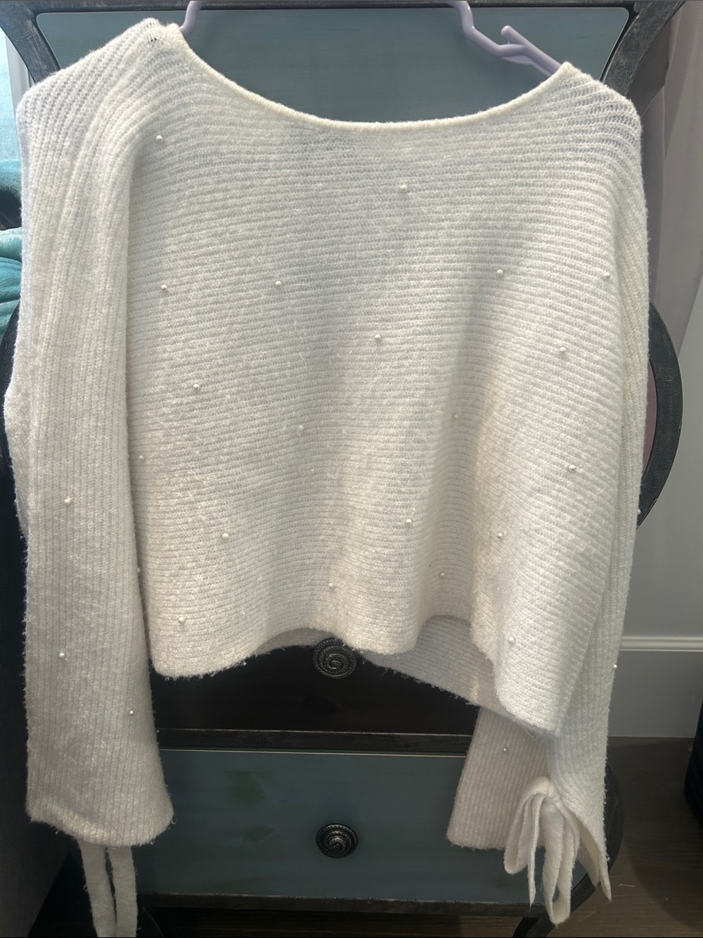 Mustard Seed Cream Off-the-Shoulder Pearl Accent Sweater